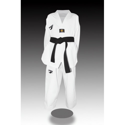 DORAWON, Dobok taekwondo brodé LUXURY enfant taille 130 cm, col blanc