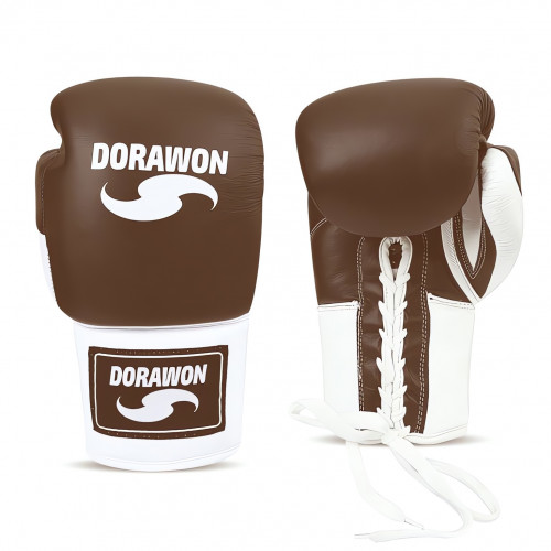 DORAWON, Gants de boxe cuir competition à lacets BRADFORD, marron et blanc
