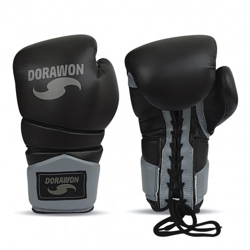 DORAWON, Gants de boxe cuir competition à lacets BLACK, noir