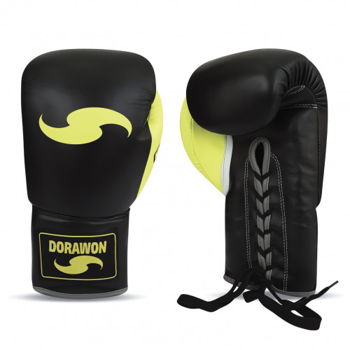 DORAWON, Gants de boxe cuir professionnel avec GEL à lacets taille 8oz, noir et anis