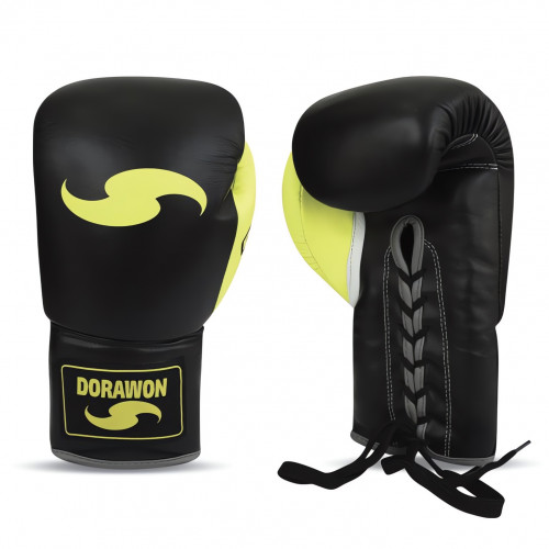 DORAWON, Gants de boxe cuir professionnel avec GEL à lacets, noir et anis